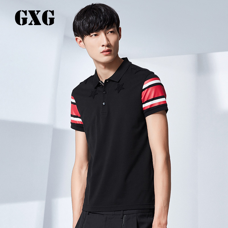 1GXG男装夏季气质男士时尚潮流个性黑色几何短袖POLO恤 185/XXL 黑色