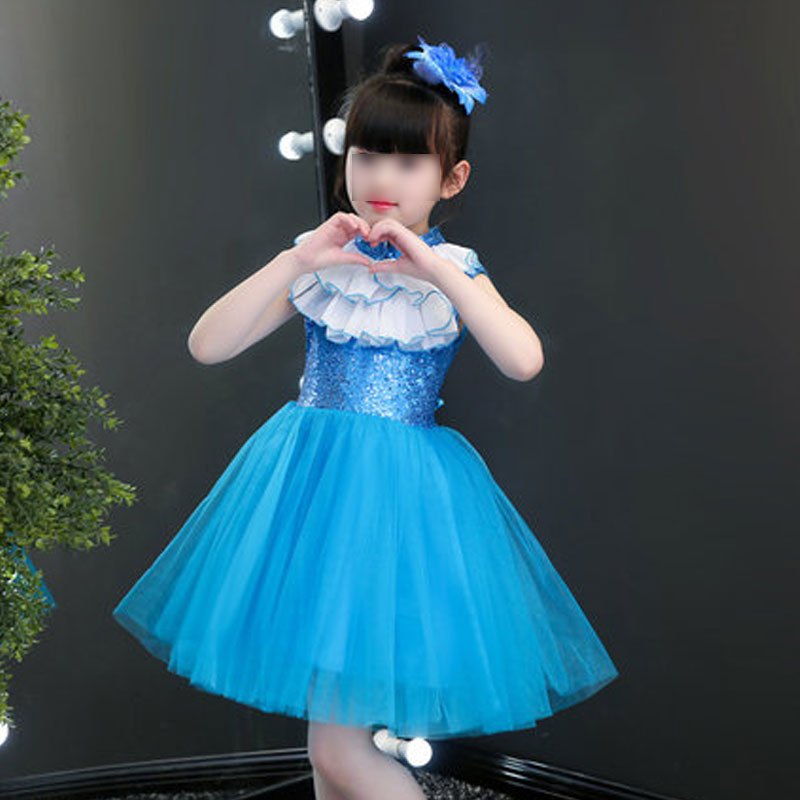 六一儿童演出服装女蓬蓬纱裙幼儿园跳舞蹈小学生合唱表演服男童被太苦套装演出服简约婴童套装 140cm 胸花裙蓝色女童