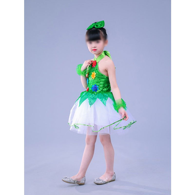 儿童演出服亮片幼儿园舞蹈服男女童表演服幼儿蓬蓬裙爵士舞服夏季女孩子洋气裙子 100cm 绿色