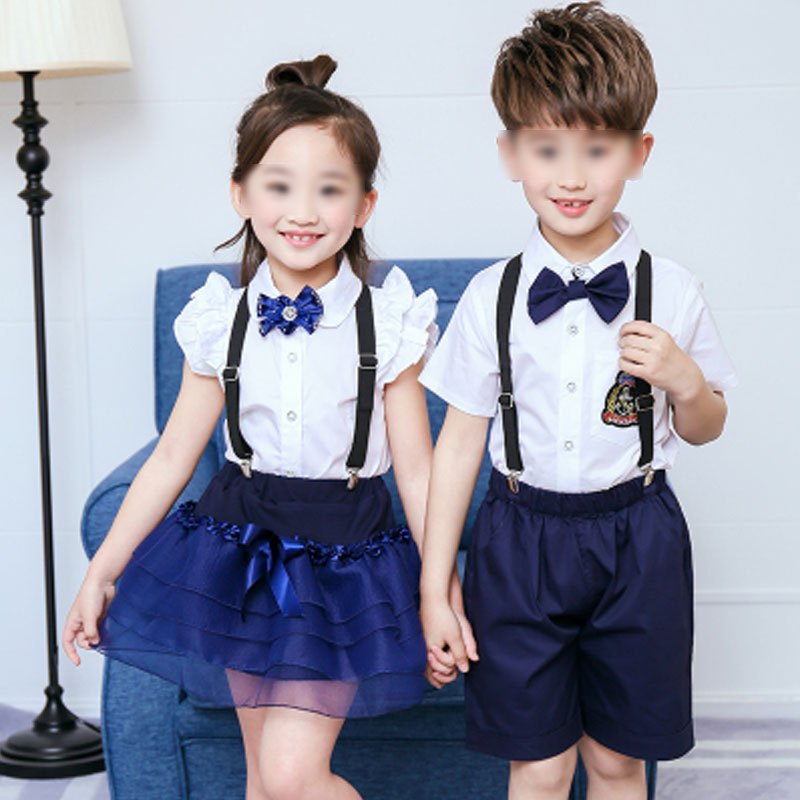 六一儿童表演演出服装中小学生诗歌朗诵校服幼儿园大合唱服男女童学院风韩版男孩子女孩子夏季套装 150cm 小飞袖女款