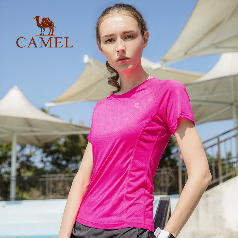 CAMEL骆驼运动T恤男 透气速干轻薄情侣款短袖跑步上衣女夏 S 亮玫红