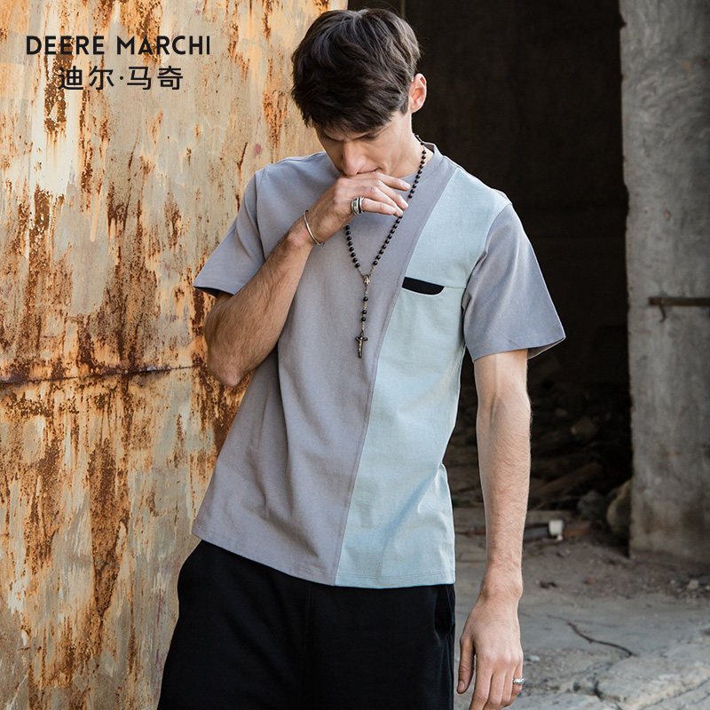迪尔马奇2018夏装新款男士休闲短袖T恤宽松竖条拼色半袖潮M01974 XXXL 灰拼蓝