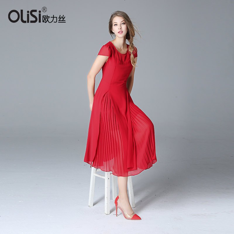 151_【促】OLiSi欧力丝收腰时尚连衣裙欧洲站夏季新款百搭雪纺连衣裙 XL 红色