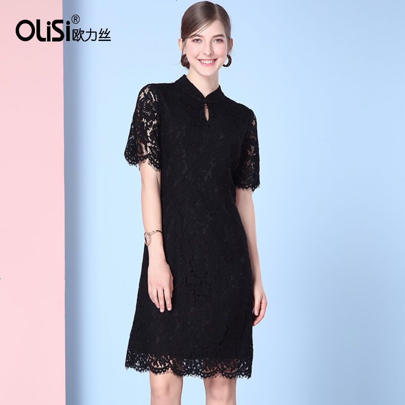 OLiSi2018春新款蕾丝旗袍夏水溶蕾丝连衣裙立领礼服裙A裙_478 XL 黑色