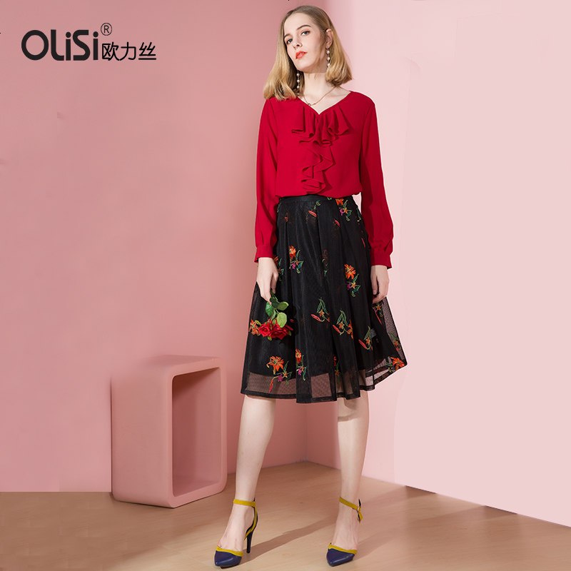 OLiSi欧力丝2018春装新款荷叶领长袖上衣职业雪纺衬衫女韩版宽_668 L 红色