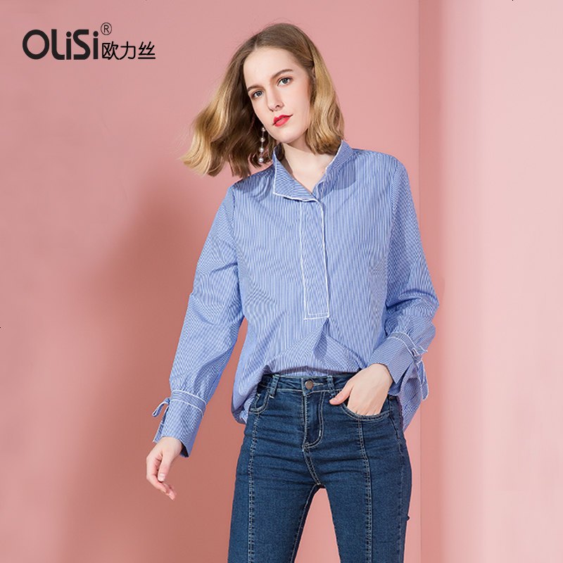 OLiSi蓝白条纹衬衫春季女装休闲个性立领上衣大号衬衫女长袖衬衣_618 L 条纹