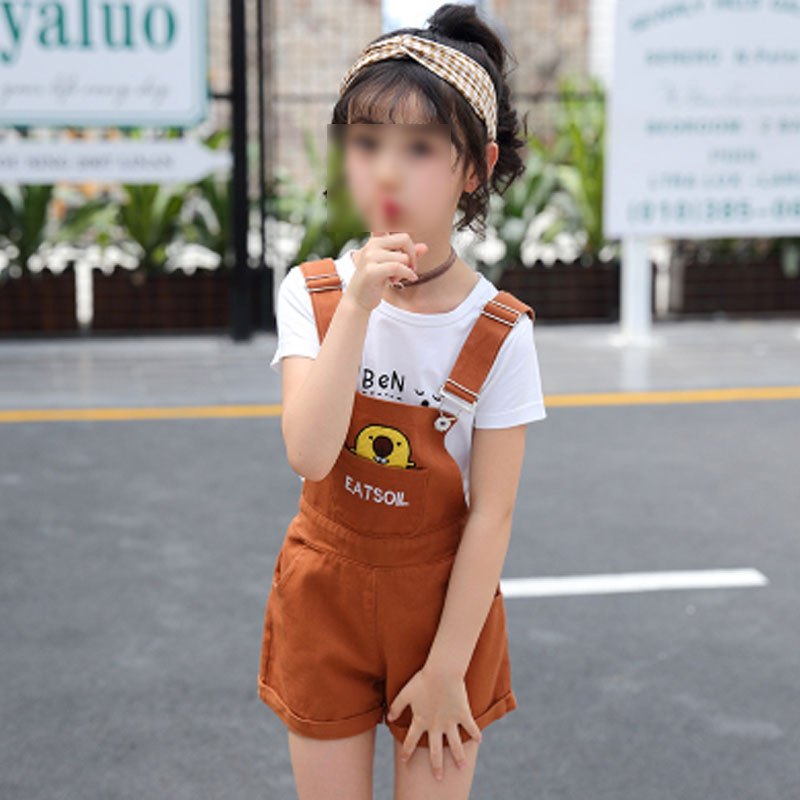 女童背带裤中大童夏季吊带裤韩版儿童夏季短裤小女孩套装简约小清新婴童套装小朋友都啊不休上衣背带裤套装 170码【建议身高160cm】 焦糖色-单背带裤