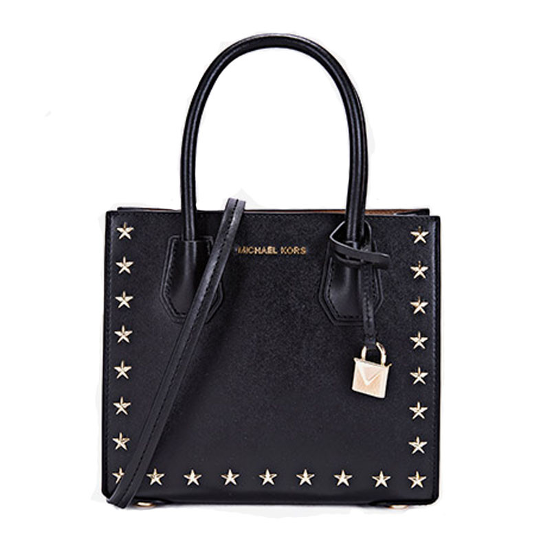 Michael Kors/迈克·科尔斯 小号五角星星女士牛皮铆钉锁头托特单肩 黑色 黑色