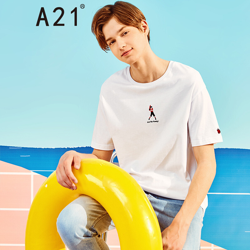 A21以纯线上品牌2018夏季新款男装落肩短袖T恤男刺绣圆领短袖男4821330102 170/84A/M 特白