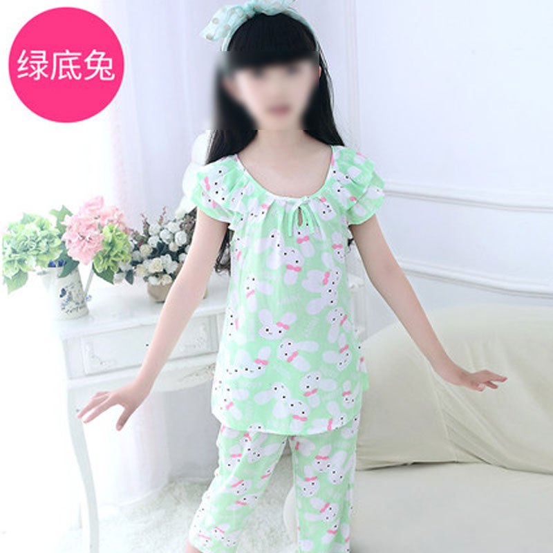 女童睡衣夏季小孩子绵绸短袖裤子套装儿童家居服中大童薄款宝宝空调服简约小清新婴童套装 150cm 绿底兔