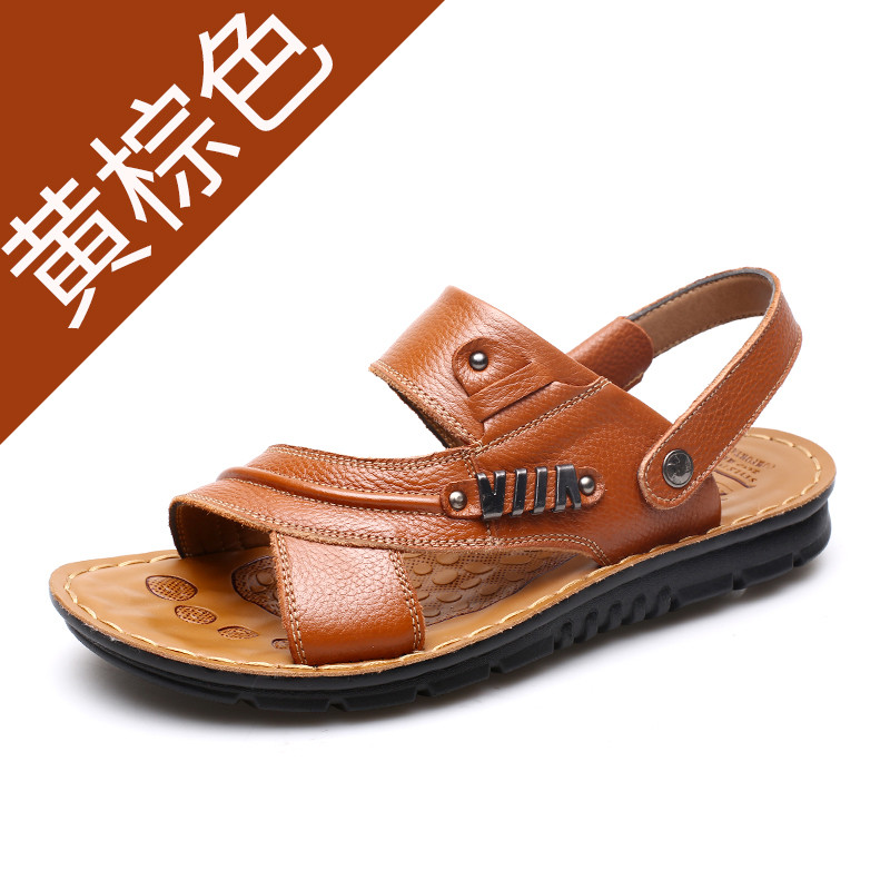 新款夏季凉鞋男真皮防滑沙滩鞋透气休闲鞋牛皮潮鞋男鞋子 10788黄棕色 38码