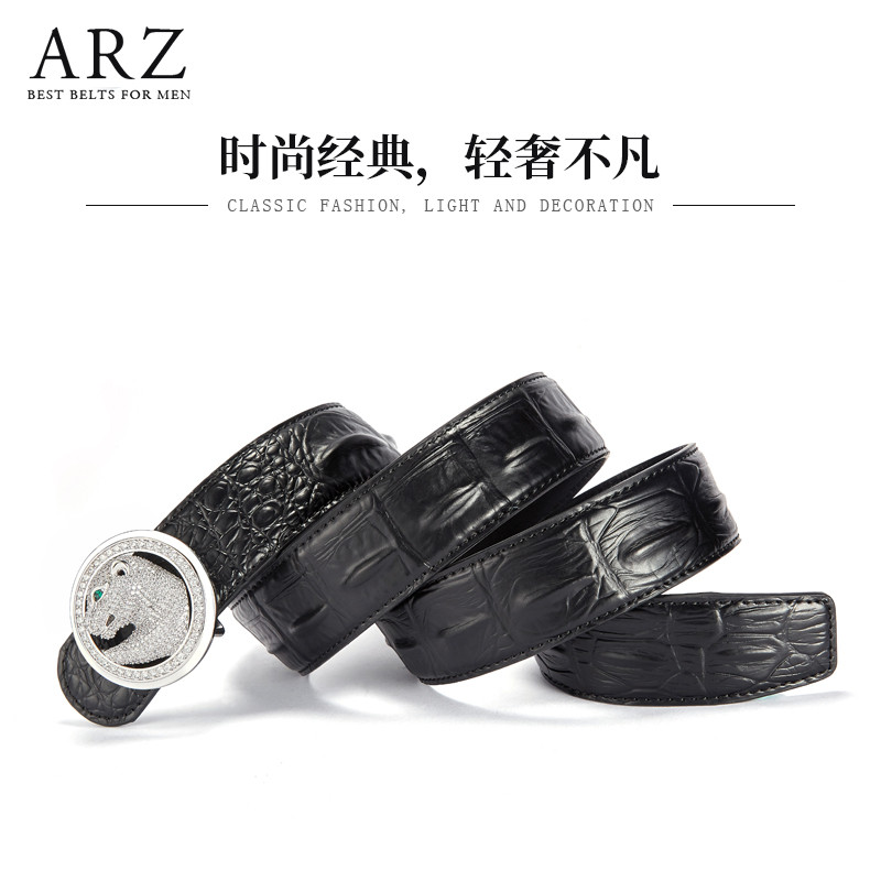男士皮带真皮平滑扣腰带男真皮头层牛皮豹子头皮带潮男时尚鳄鱼纹 115cm 银色豹子头+立体单骨咖色皮带