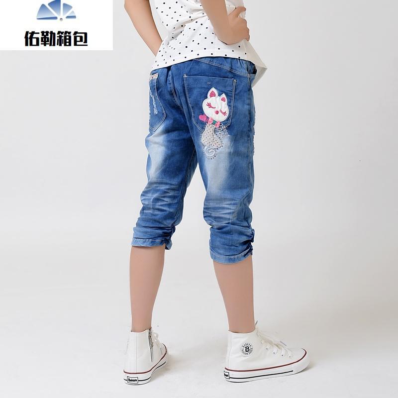2018夏季女童牛仔七分裤儿童牛仔裤中大童短裤子女童薄款中裤童装_1_1 26码【建议身高140cm】 白猫款