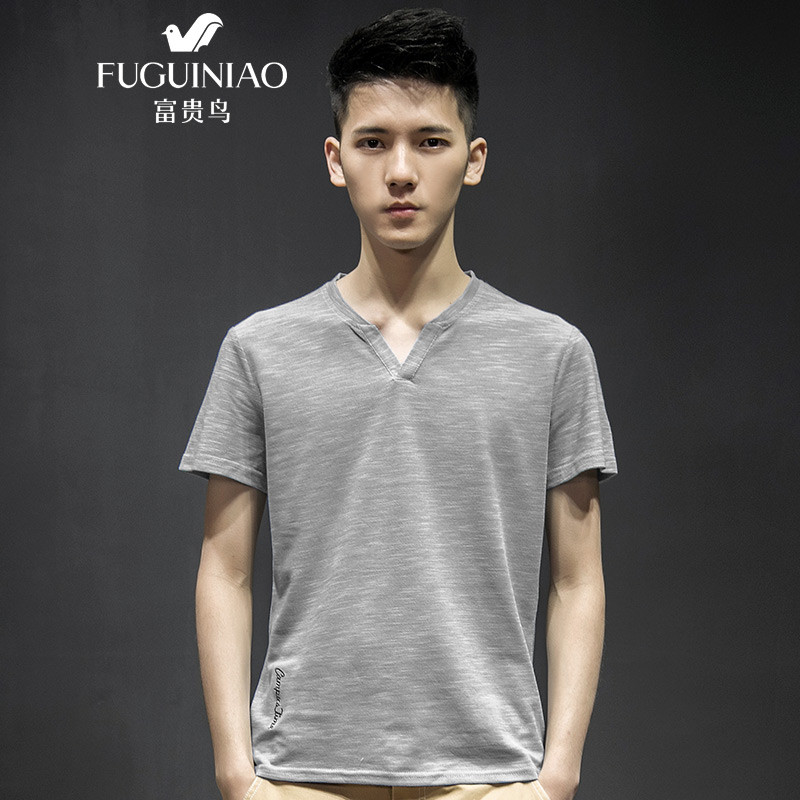 富贵鸟(FUGUINIAO)短袖t恤夏季男士上衣新款韩版修身潮流青少年简约帅气男装打底衫 18182FG1807 XL 深灰