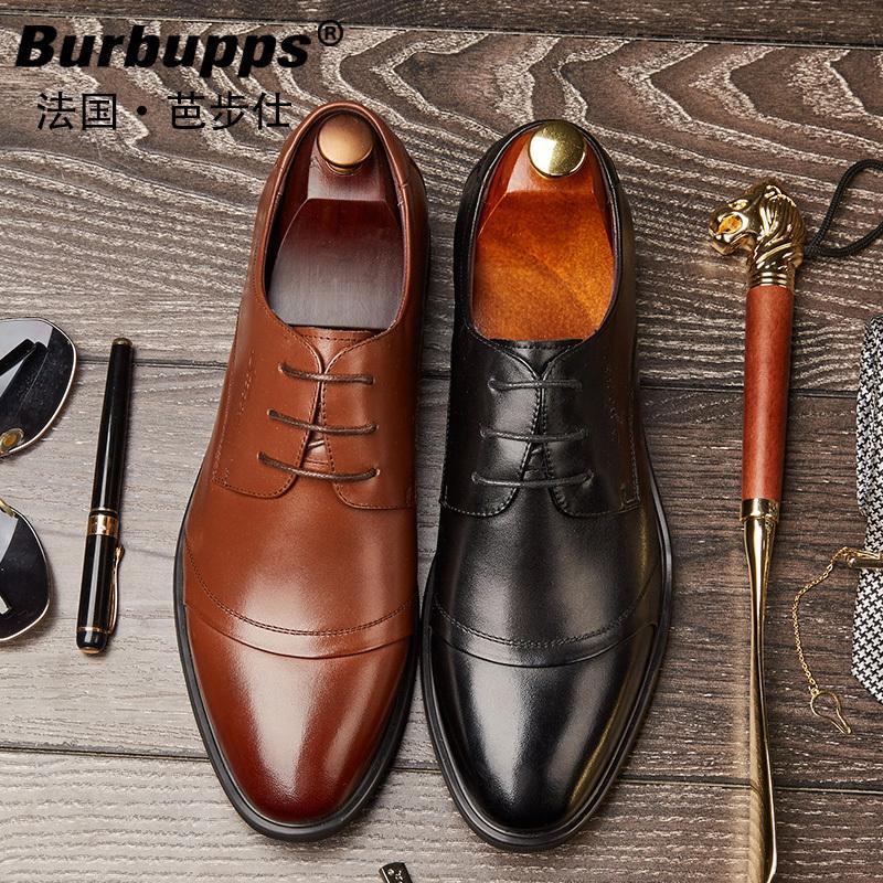 Burbupps/芭步仕夏季男鞋新款真皮商务正装皮鞋英伦尖头休闲鞋子 黑色 37码