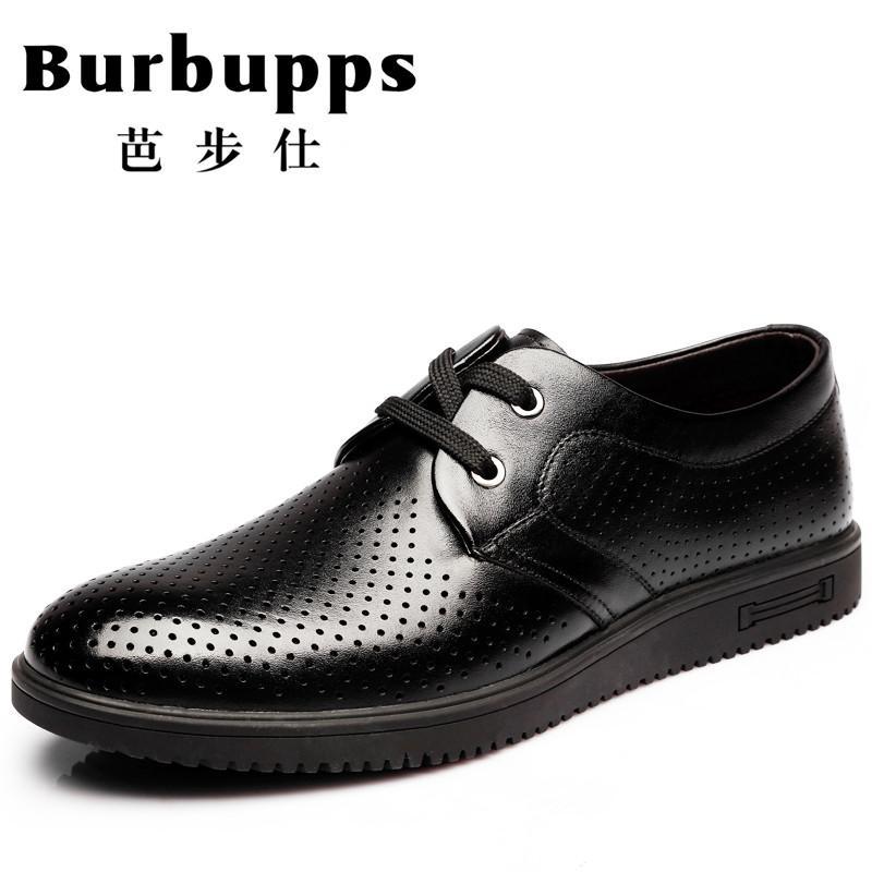 法国品牌芭步仕Burbupps男鞋夏季商务休闲皮鞋真皮镂空透气系带男凉皮鞋_2 黑色 37码