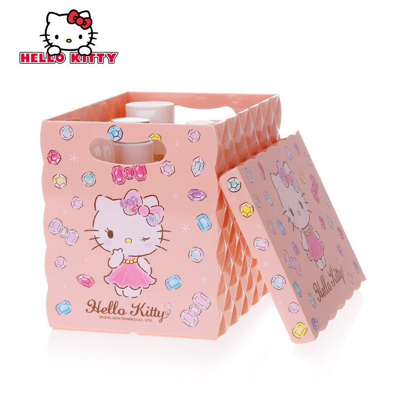 科特豪斯Hellokitty桌面化妆品收纳盒钻石纹梳妆台化妆整理盒_1 实粉大一格