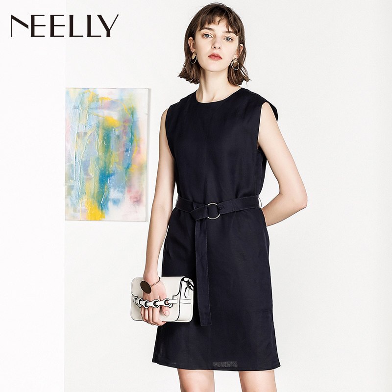NEELLY/纳俪2018新款夏装纯色条纹无袖显瘦性感收腰中长裙连衣裙_1 M 藏青色
