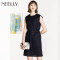NEELLY/纳俪2018新款夏装纯色条纹无袖显瘦性感收腰中长裙连衣裙_1 M 藏青色