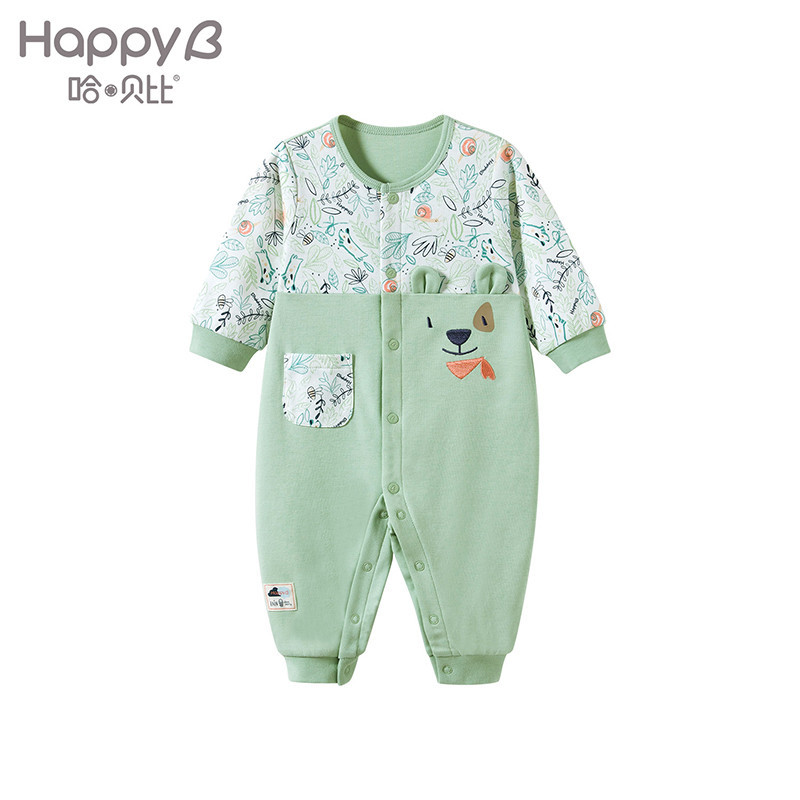 哈贝比（happyB）新生儿连体衣春秋宝宝爬服初生儿纯棉哈衣婴幼儿外出服 73(6-12月) 绿色