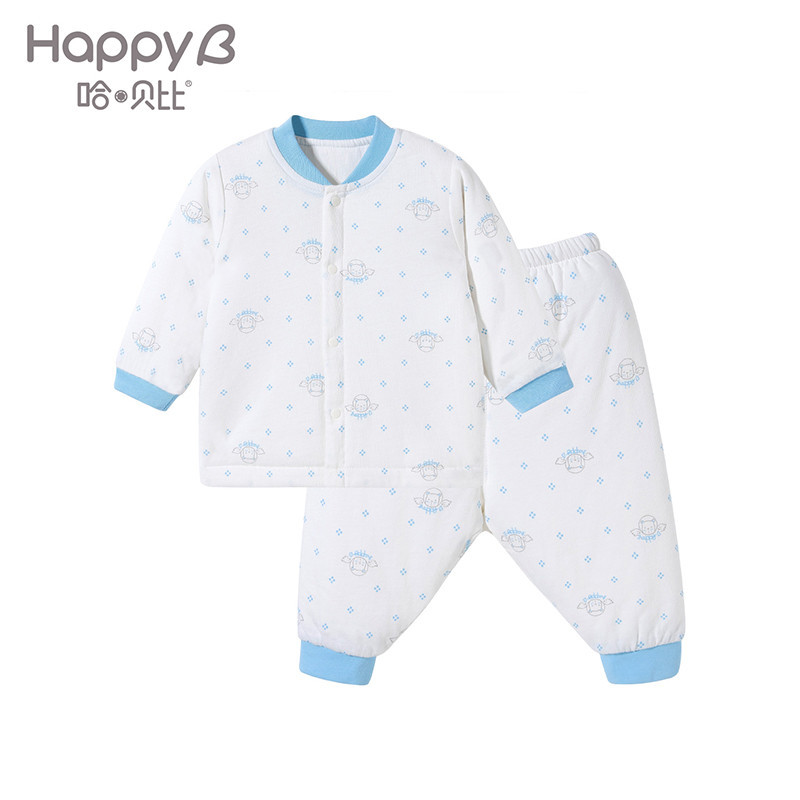 哈贝比（happyB）童装婴儿衣服宝宝套装冬装加厚保暖男女宝宝衣婴幼儿内衣上衣长裤 80(12-18月) 粉蓝色夹棉前开套装