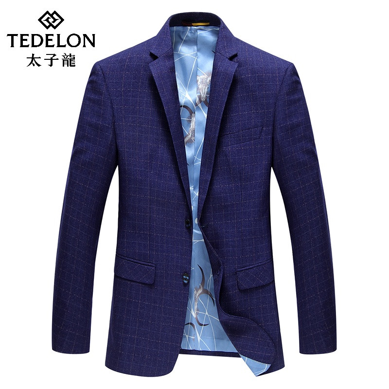 太子龙2018新款春季男士商务休闲西装格子西服外套上衣男装帅 L 蓝色