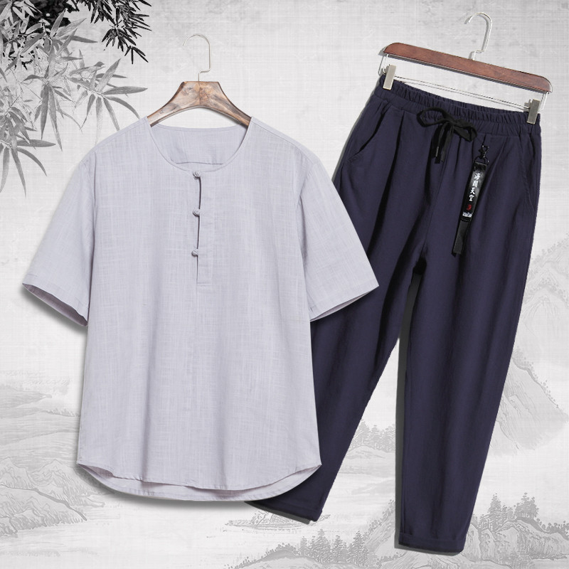 爸爸夏季中年棉麻短袖T恤套装夏装中老年40-50-60岁老码衣服_3 XL 灰衣黑裤