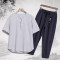 爸爸夏季中年棉麻短袖T恤套装夏装中老年40-50-60岁老码衣服_3 XL 灰衣黑裤