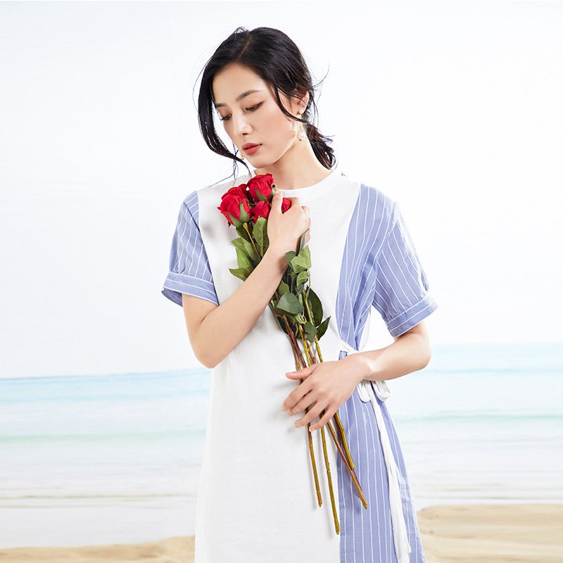 千仞岗2018春夏新款拼色连衣裙系带收腰中长款圆领裙子女238510 均码/F 603梦想蓝