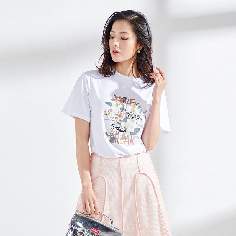 千仞岗2018春夏新品短袖女装花卉印花圆领T恤甜美套头T恤238711 165/M 001魔幻白