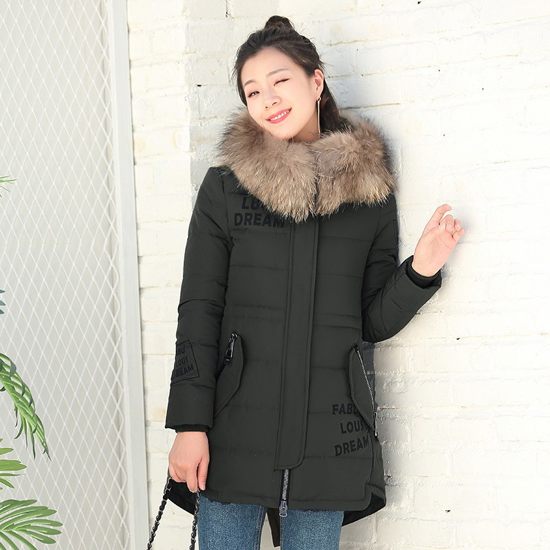千仞岗2017秋冬新品羽绒服女中长款貉子大毛领连帽抽绳系带219220 175/XL 海藻绿503