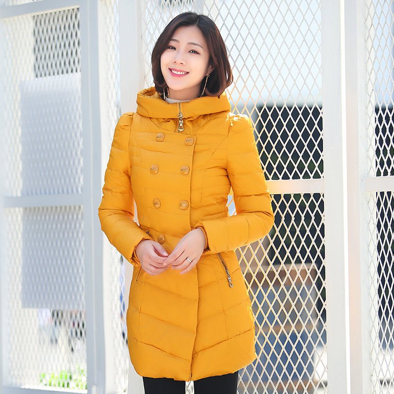 千仞岗2017秋冬新品羽绒服女中长款连帽修身显瘦韩版简约冬装1838 170/L 330黄色