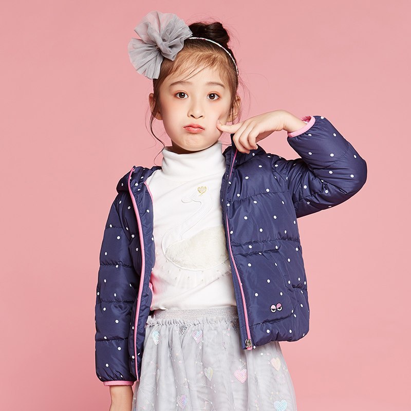 千仞岗2018秋冬新品童装羽绒服女短款毛领加厚保暖外套男童229833 100cm 波点紫973