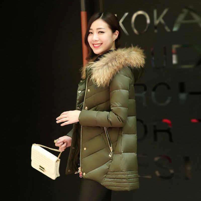 千仞岗2017加厚中长款连帽羽绒服女宽松貉子毛大毛领冬装20150_1 170/L 594军绿