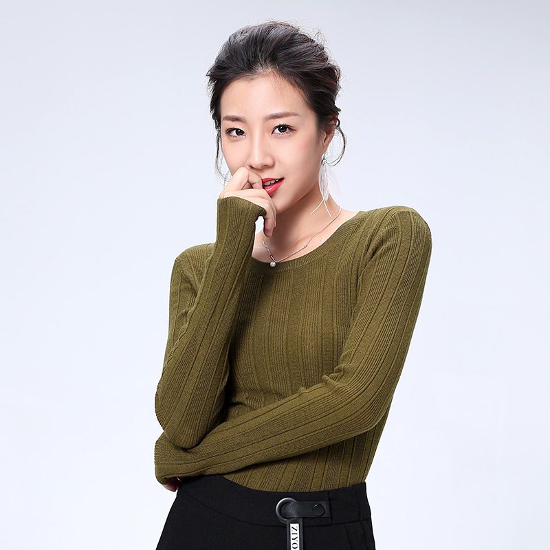 千仞岗2017新品秋冬针织衫女短款长袖圆领弹力修身羊毛衫A220001Y 170/L 绿503