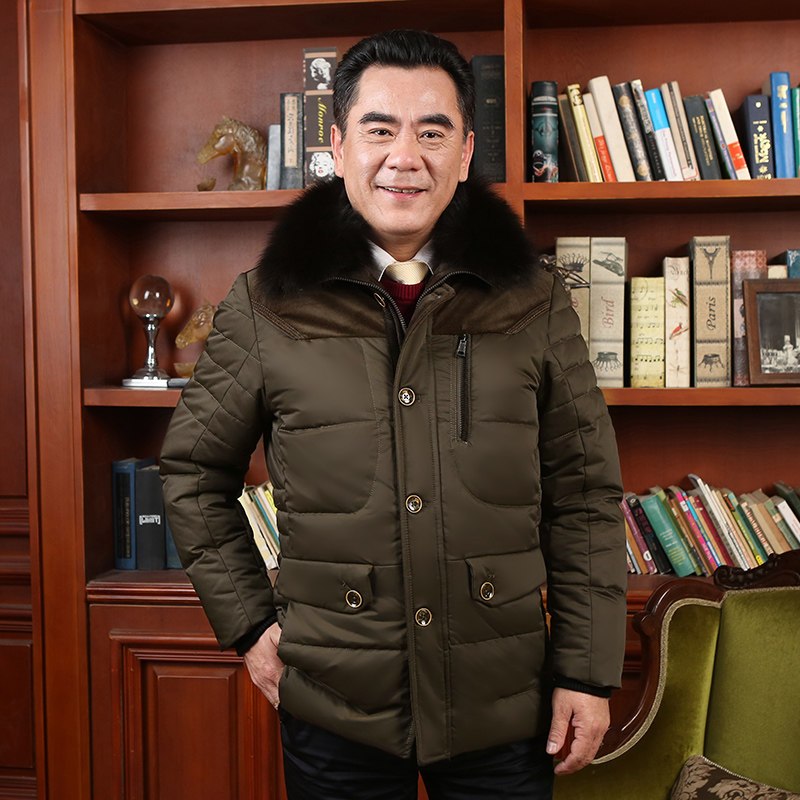 千仞岗2017新品羽绒服男中老年中长款羽绒服狐狸毛领爸爸装20637 170/L 军绿595