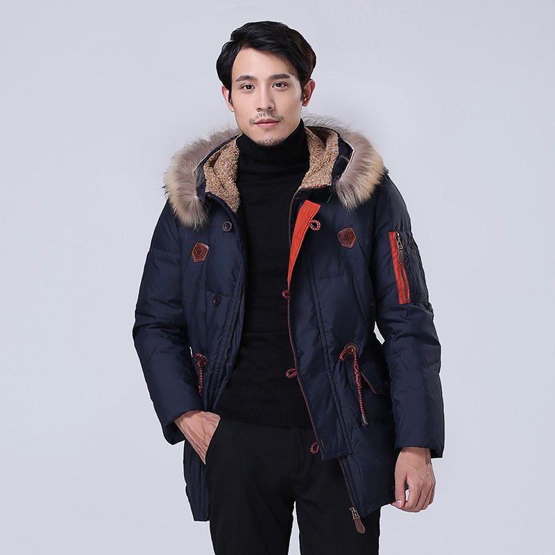 千仞岗冬装新款男装羽绒服仿羊羔毛帽中长商务休闲外套1897 185/3XL 深蓝675