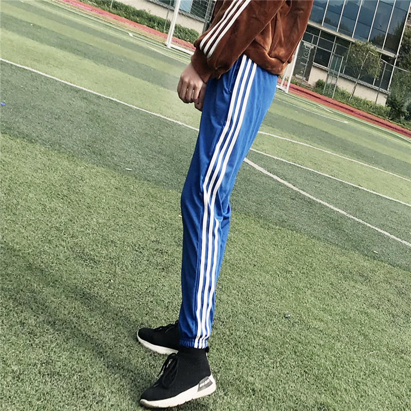 韩版ulzzang原宿风学生三条杠运动裤女bf宽松休闲长裤阔腿裤夏潮_2_7 L 202#蓝色束脚