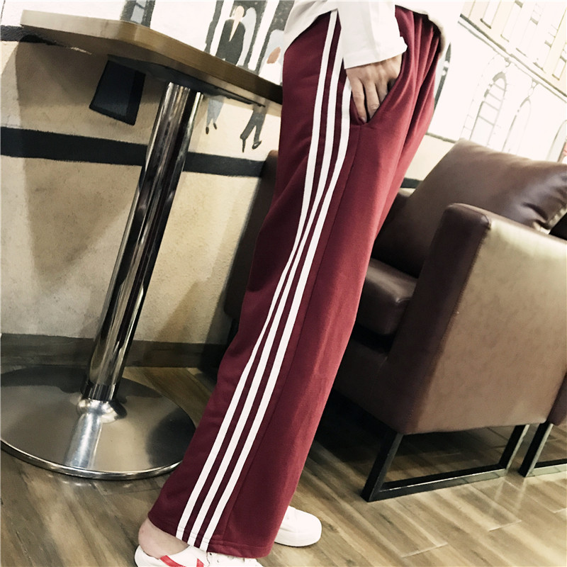 韩版ulzzang原宿风学生三条杠运动裤女bf宽松休闲长裤阔腿裤夏潮_2_7 XL 309#酒红色