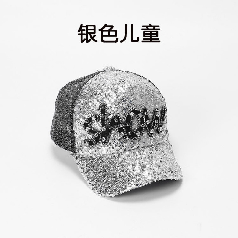 帽子女春夏天防晒韩版潮运动透气字母show亮片棒球帽镶钻鸭舌帽新_3 银色儿童