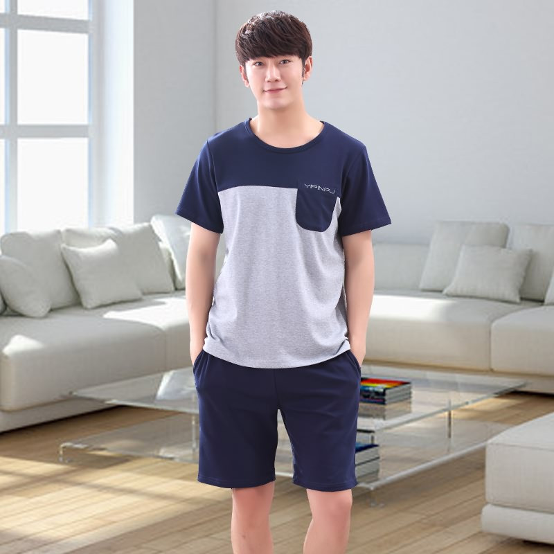 2018纯棉短袖短裤男士睡衣 夏季可外穿男式爸爸休闲家居服男 夏天全棉中老年人居家服套装7806 L码 1号款