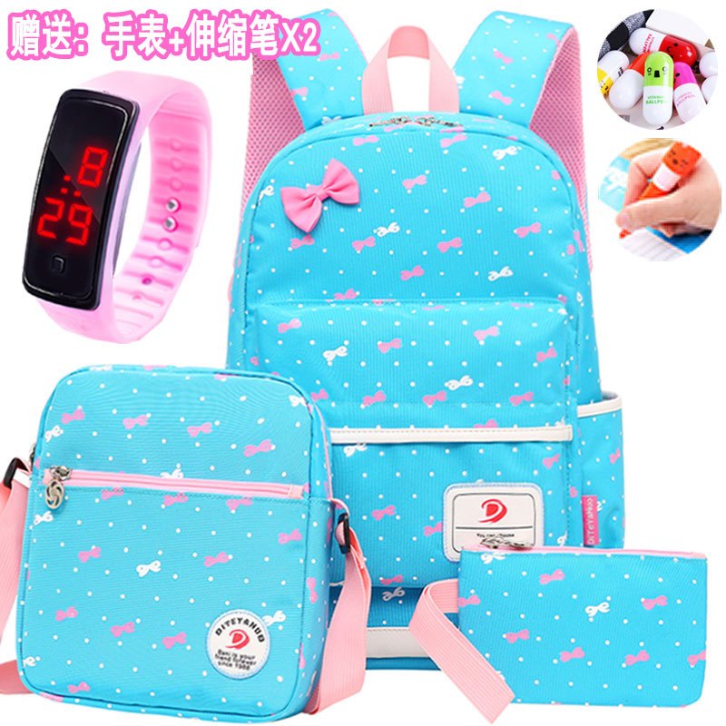 儿童双肩包韩版小学生书包女生1-3-5-4-6一年级减负女孩6-12周岁_1 天蓝色蝴蝶结图案三件套送手环手表+笔2