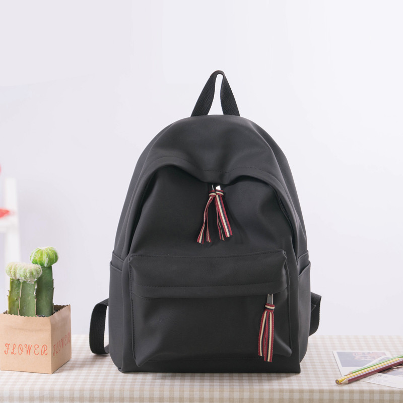 2018校园简约双肩包女学生韩版潮背包pu软皮百搭学院风书包休闲男 黑色（PU材质）