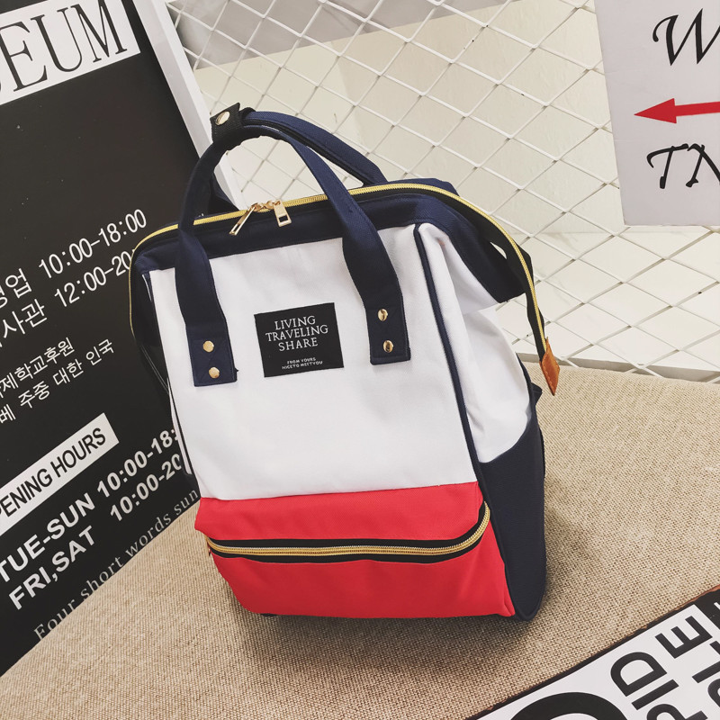 原宿简约防水帆布双肩包小清新女韩版学院风书包学生ulzzang背包_48 红白拼