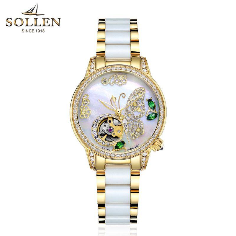 梭伦(SOLLEN)手表女自动机械表防水女表蝴蝶镂空时尚潮流镶钻陶瓷表SL406
