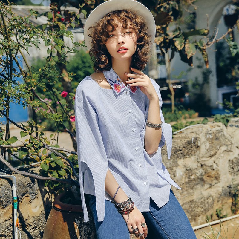 裂帛夏装新款可拆卸领刺绣七分袖衬衣宽松条纹衬衫夏 S 浅蓝