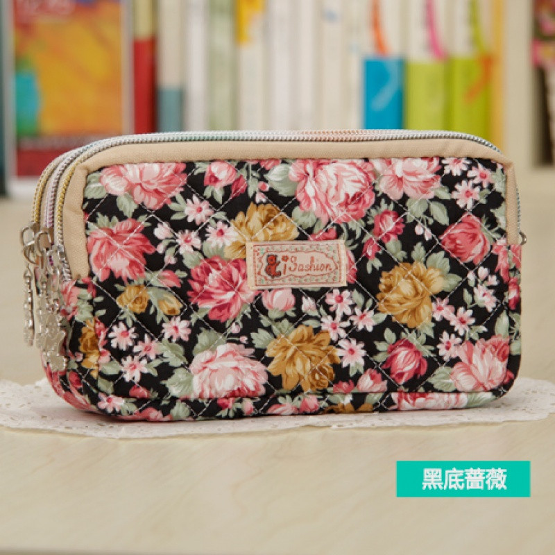 大屏6寸苹果7Plus棉布艺零钱包韩版女手机包老人手提拎手拿包妈妈_1 黑底蔷薇XL码