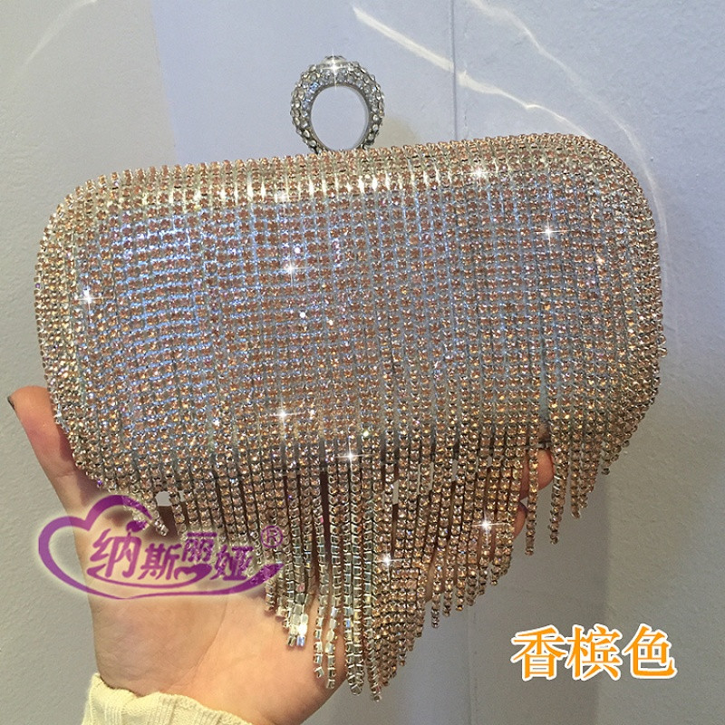 名媛水钻闪亮流苏手拿包新款手晚宴会包晚会包新娘斜跨包_4 大号香槟色