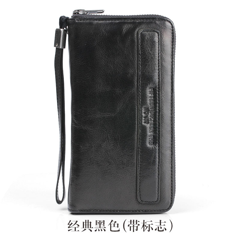 纯手工羊皮复古长款钱包男士拉链皱褶做旧女真皮软青年手拿包手带_16 经典黑（带标志）