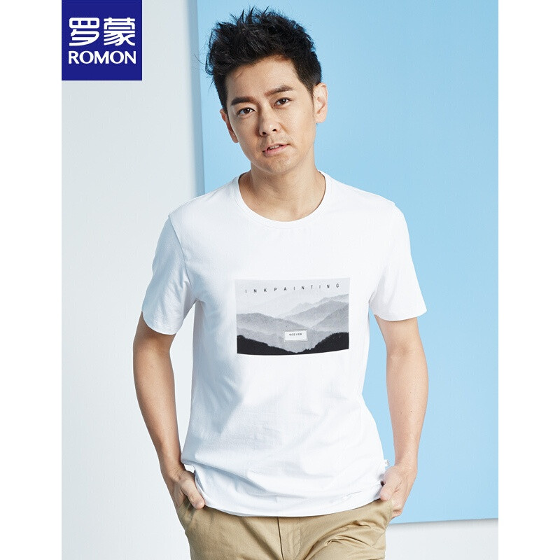 罗蒙（ROMON）短袖T恤男2018夏季时尚印花修身纯棉汗衫8TX901208白色 170 默认颜色
